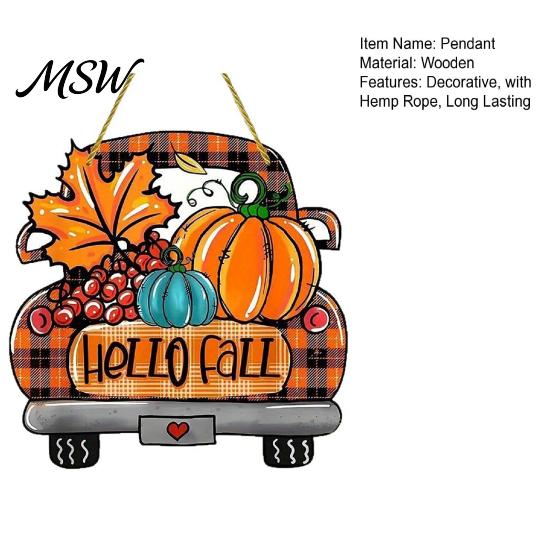 Autumn Souvenirs for Guests Hello Fall Wooden Hanging Sign, Retro Plaid Pickup Truck Ornaments, Wall Pendant Holiday Entrance Ornament with