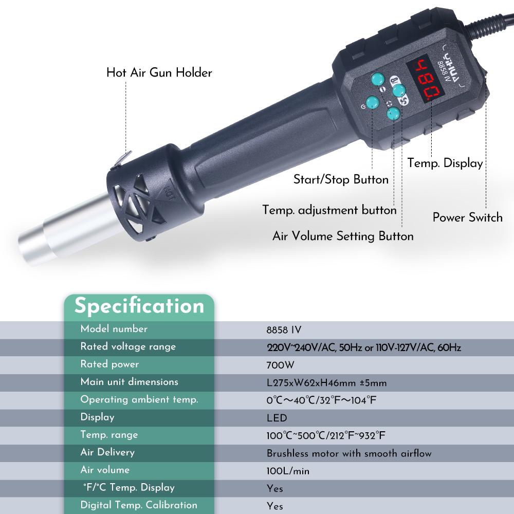 YIHUA Micro Hot Air Gun C/F Temp Adjusted 8858IV 700W Soldering Rework Welding Station LCD Digital Heat Gun BGA IC Solder Tools