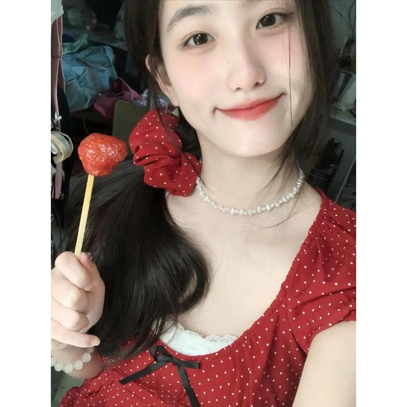 Korean Series Pure Desire BM Red Polka Dot Short sleeve T-shirt Women Summer Bow Small Man Pleat Puff sleeve Top Tide