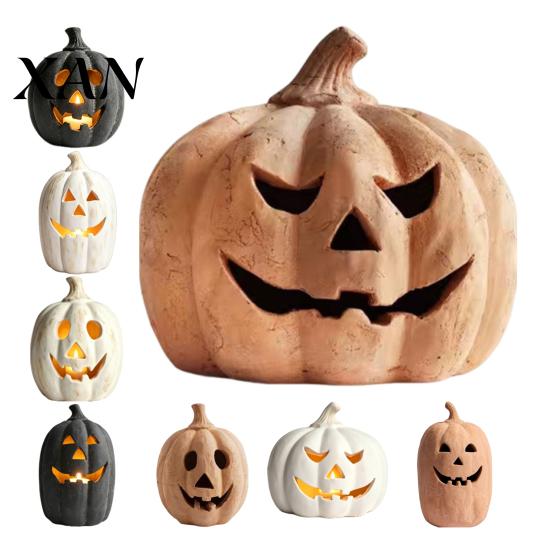 Decorative Lanterns Halloween Pumpkin Candle Holder, Resin Lantern Tealight Holder with Carved Face for Fall Farmhouse Table Mantle Decor Style