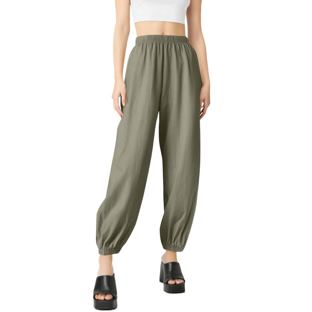 Women Casual Cotton And Linen Solid Elastic Waist Long Straight Pants