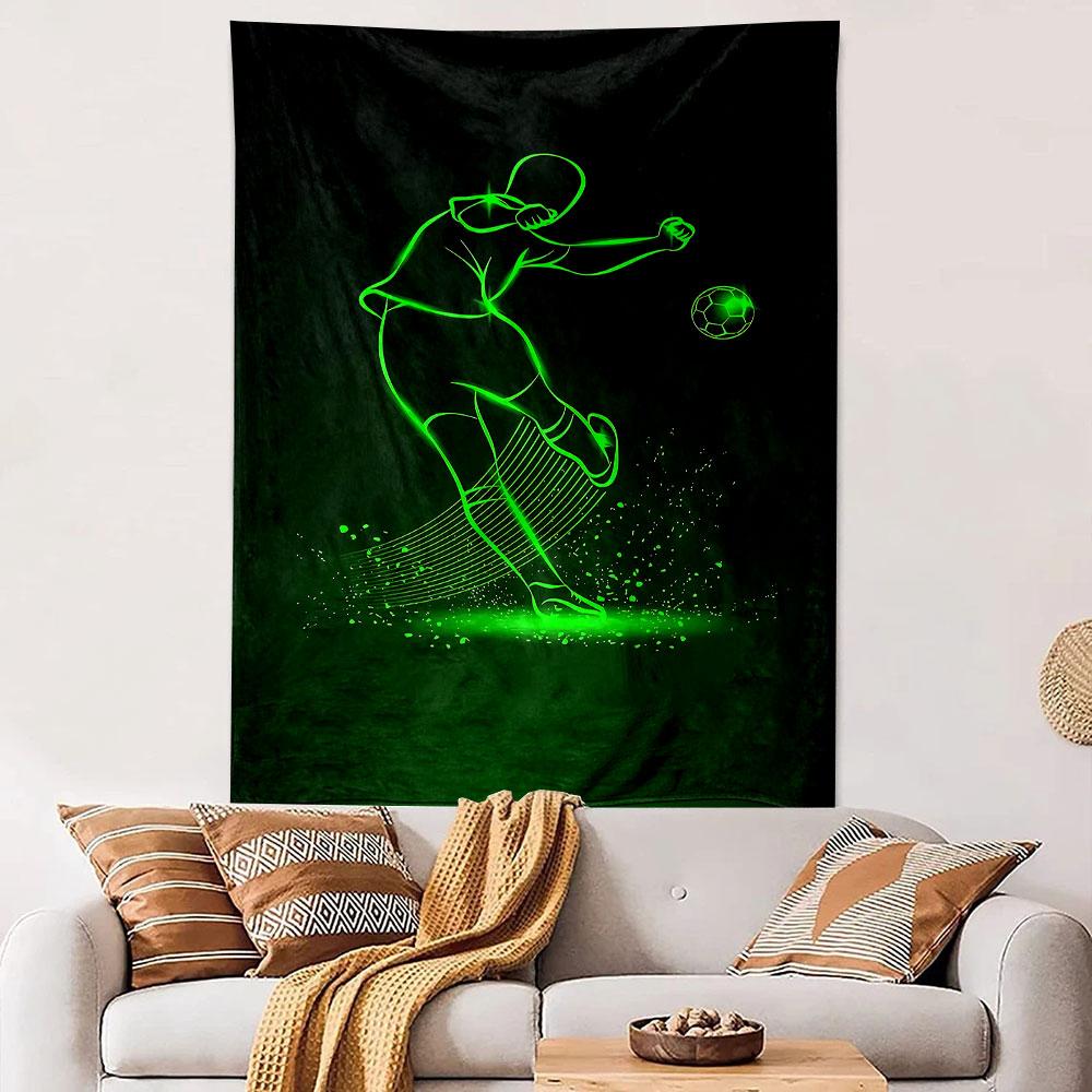 Glowing Green Soccer Player Illustration Patterned tapestry home decor, suitable for bedroom and living room, gift