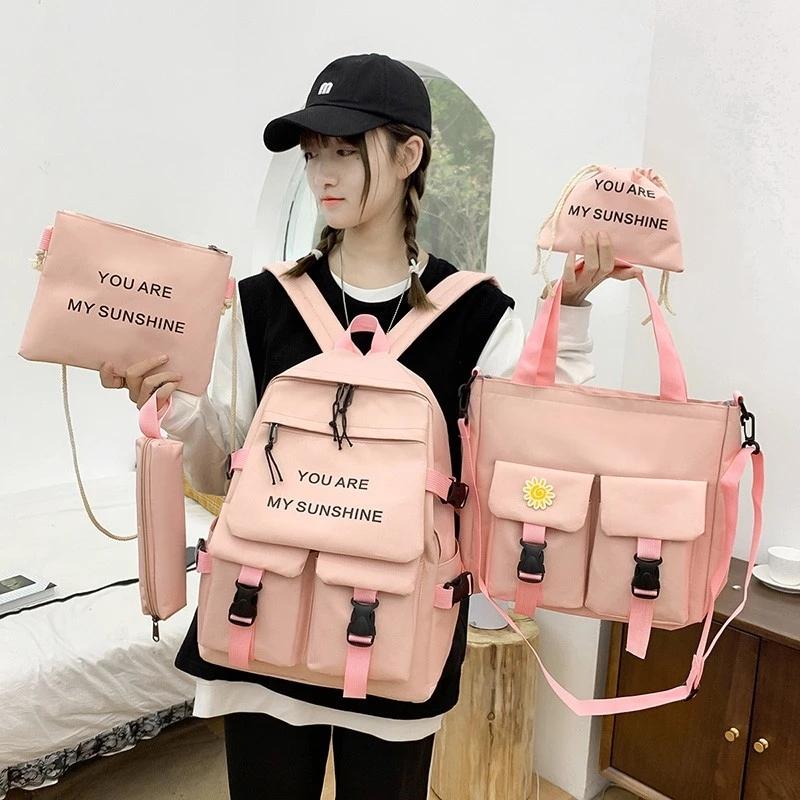 2021 5Pc Set Schoolbags Girls Women Backpack Canvas Travel Back Pack Student Notebook Bookbags Schoolbag Outdoor Backpack