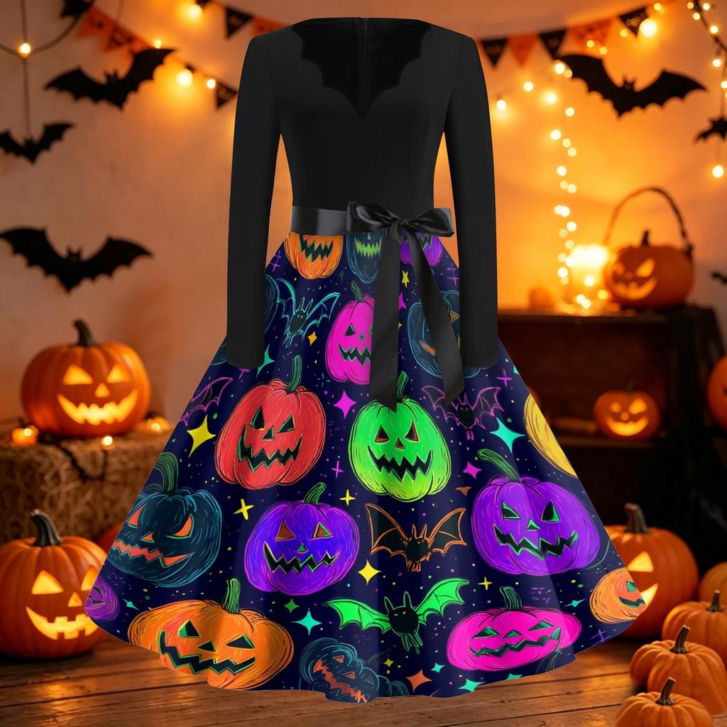 Women's Casual Halloween Print V Neck Vintage Style Dress Long Sleeve Fit and Flare Midi Dress with Waist Tie Belt
