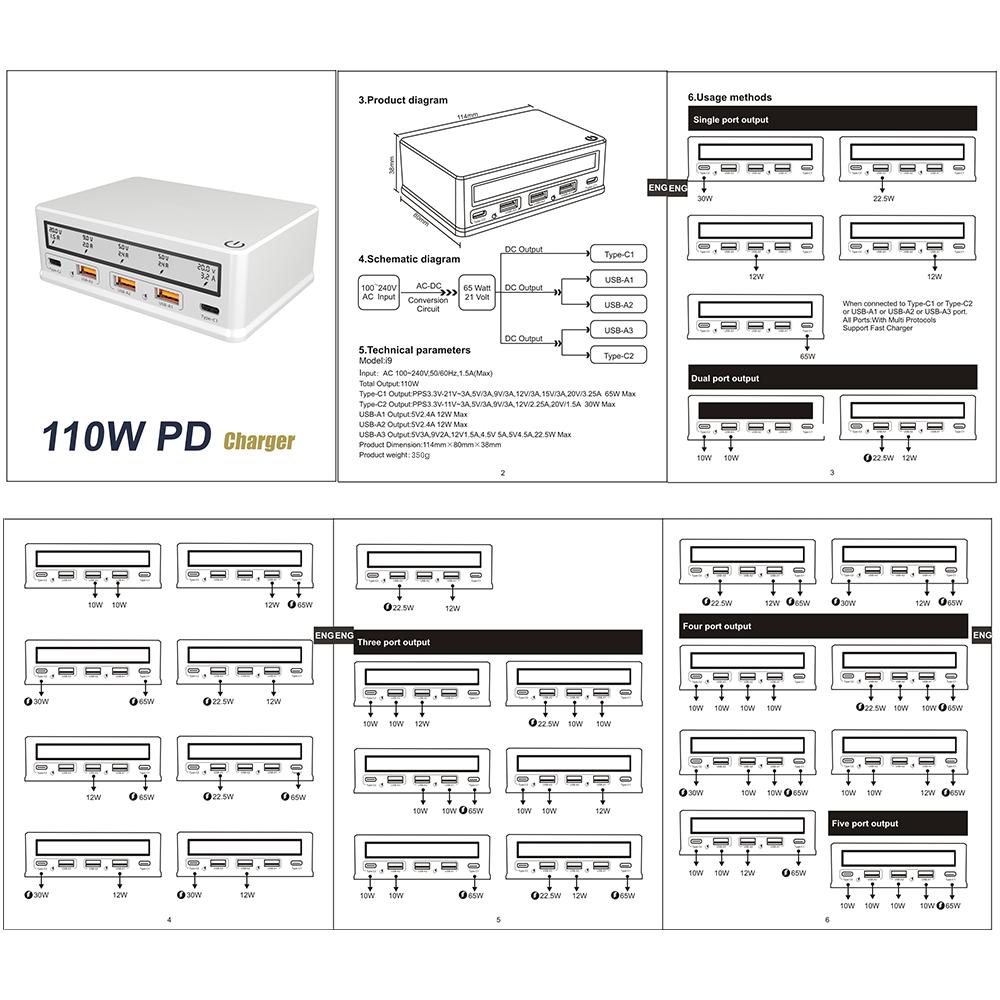 Настенное зарядное устройство USB 110 Вт 5-портовая зарядная станция USB Многопортовое зарядное устройство USB-концентратор Компактный размер с ЖК-дисплеем