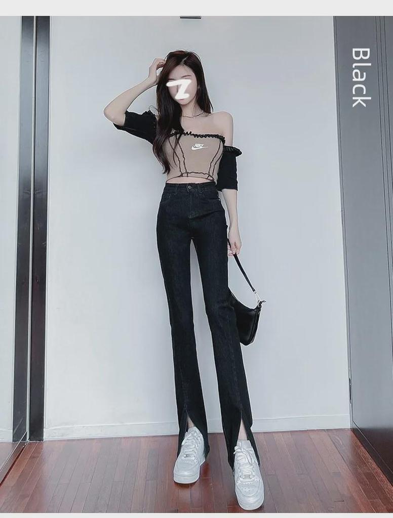 Летние ретро-узкие расклешенные джинсы с разрезами по низу для женщин