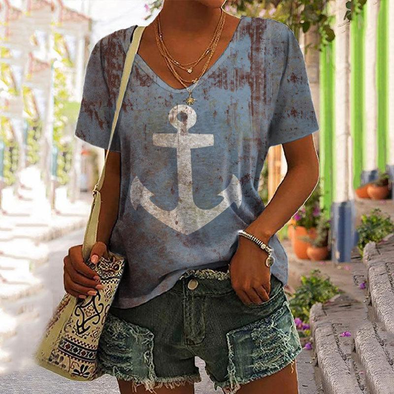 Женские футболки с принтом лодки и якоря, топ, короткий пуловер с рукавами, модная повседневная футболка большого размера с круглым вырезом, женская одежда
