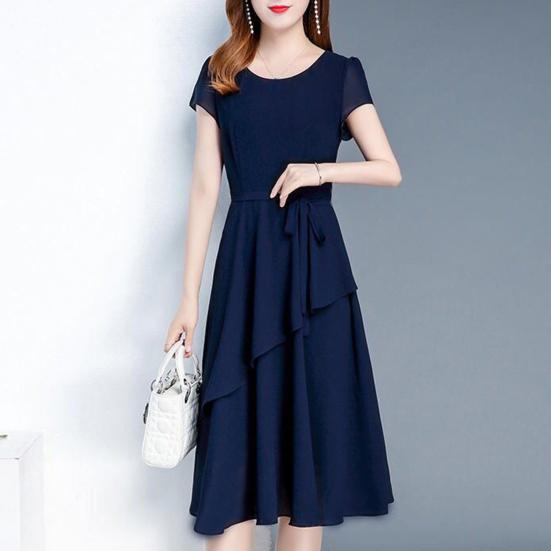 Женское платье миди с круглым вырезом и коротким рукавом, элегантное платье с многослойным подолом и шнуровкой, платье миди трапециевидной формы, уличная одежда
