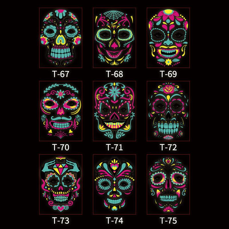 New Halloween Fluorescent Funny Death Skull Face Tattoo Stickers for Masquerade Neon Tattoo Decals