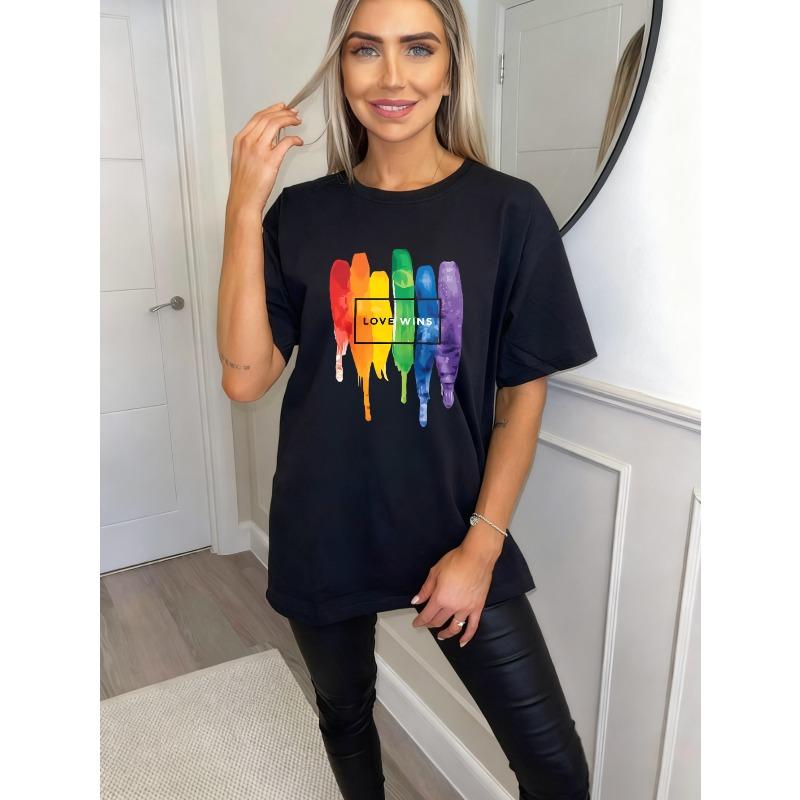 Oversized T Shirt Black Rainbow Paint Drip Love Wins Print Casual Wear For Women Summer Streetwear Fashion Statement Top