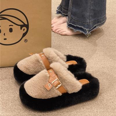 Баотоу полутапочки женские осенне-зимние новые на толстой подошве пушистые тапочки домашние теплые хлопковые шлепанцы женские