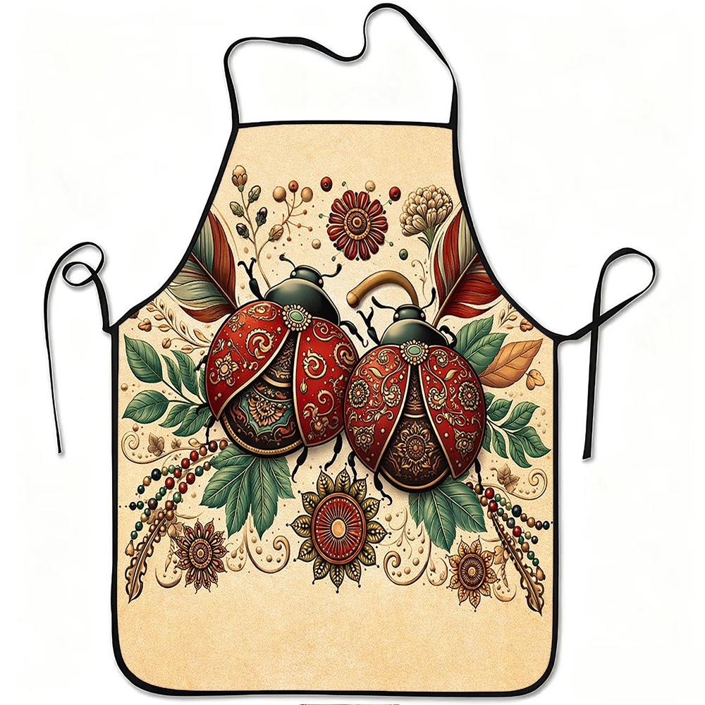 1pc Vintage Red Ladybug Floral Art Print Apron, Durable And Easy to Clean, Adjustable Waistband, Polyester Material, for Kitchen Cooking, Gardening, O