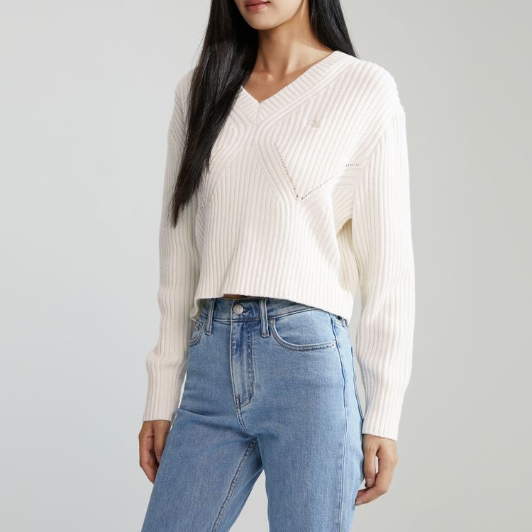 Calvin Klein Minimalist Embroidered Asymmetrical V-Neck Sweater Women Sweater Off-White J222847YBI
