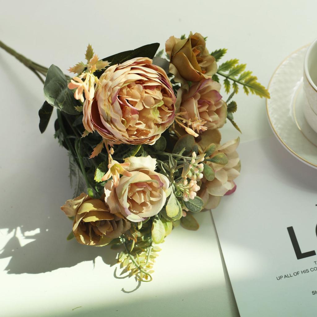 Retro Silk Red Artificial Rose Flowers DIY Autumn Wedding Home Decoration Fake Peony Hydrangea Bride Bouquet