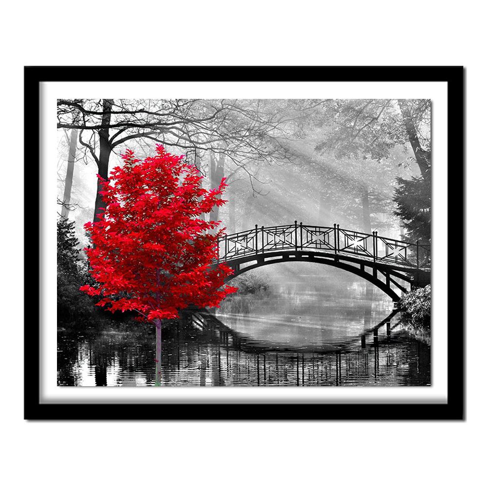 5D DIY Diamond Painting "red Tree and Bridge" Embroidery Full Round Diamond Cross Stitch Decor Gift