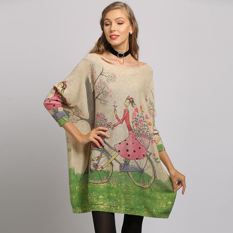 Spring and Autumn Women's Knitted Dress Knitwear Plus Size Loose Knitted Sweater Printed Bottom Outer Wear One Neck Pullover Sweater