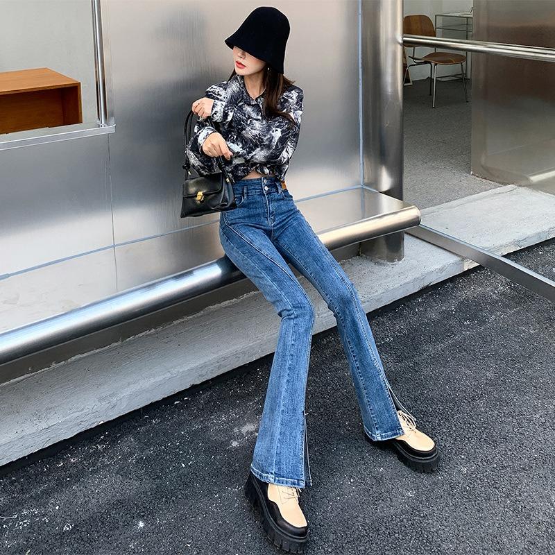 Женские весенние новые утягивающие брюки All In One с высокой талией и разрезом из денима Mop Forked Slim Fit Micro Clared