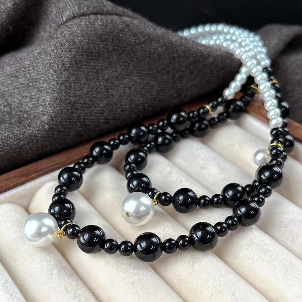 Vintage Niche Design Natural Black Agate Artificial Crystal Pearl Collarbone Chain Necklace