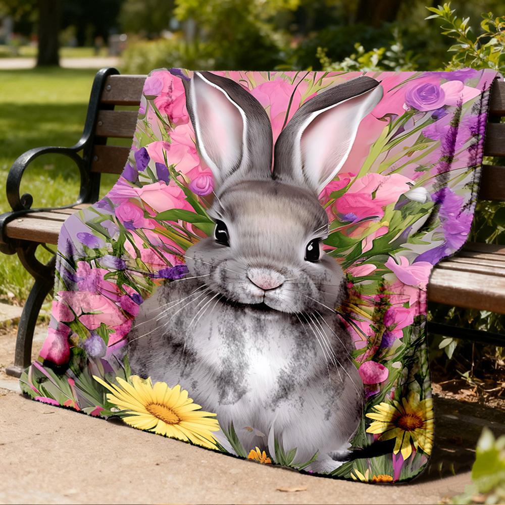 1pc Bunny Flowers Outdoor Blanket - Soft Flannel Cozy for Travel & Camping - All-Season Warm Bed Cover, Machine Washable yy251229080