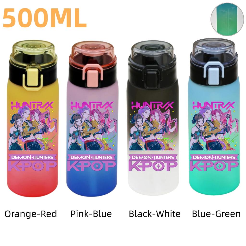 500ML KPop Demon Hunters Plastic Anime Water Cup Has Scale Travel Office Gym Hiking Portable Drink Bottles Outdoor Sport Gifts