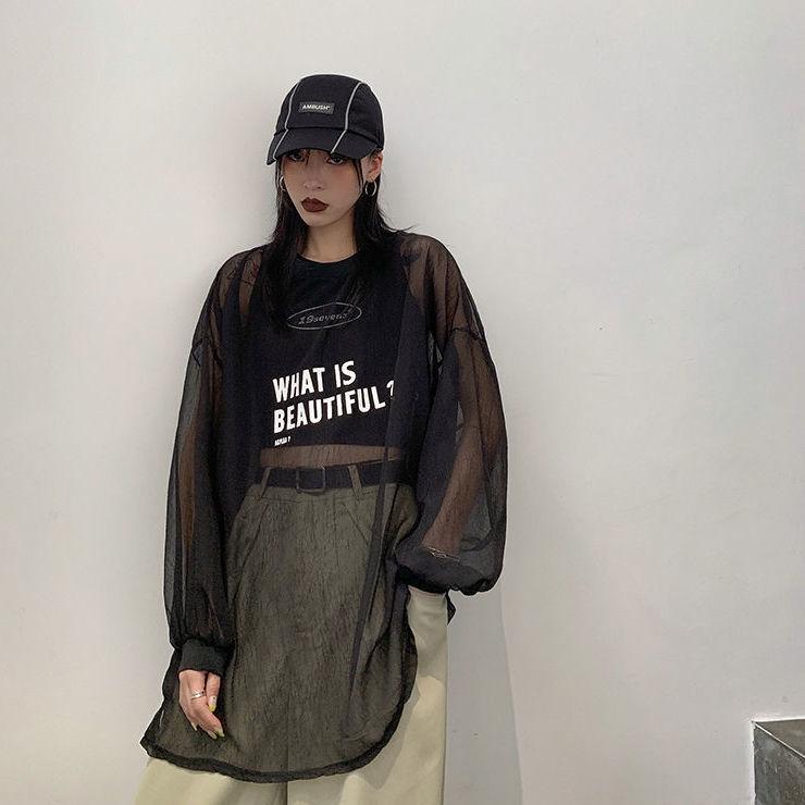 Plus Size Long Sleeve T-shirts Women Letter Printed Loose Casual Sunproof Cool Bf Streetwear Summer Mesh Oversized Tops