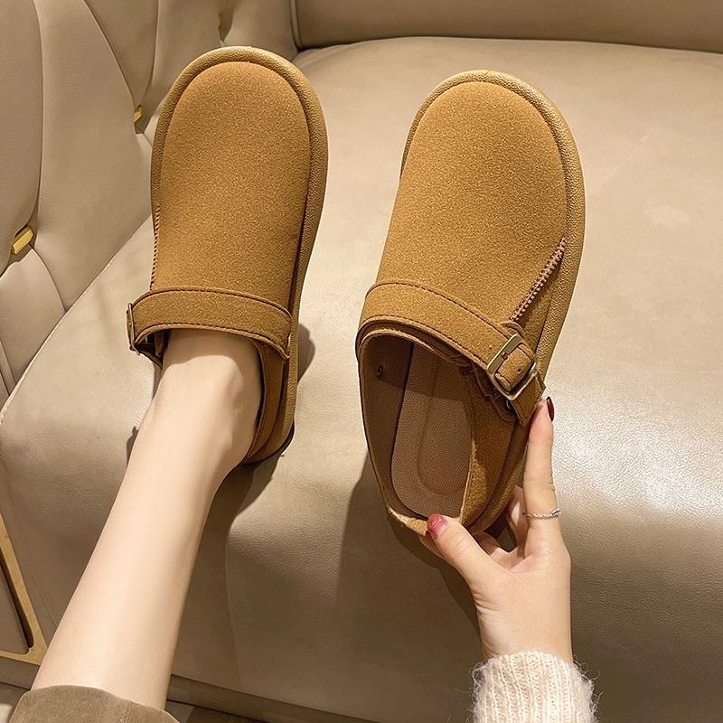 Fashion New Spring Baotou Slippers Round Toe Deep Mouth Versatile Matte Dependent Metal Buckle Soft Sole Slip-on Flat Shoes
