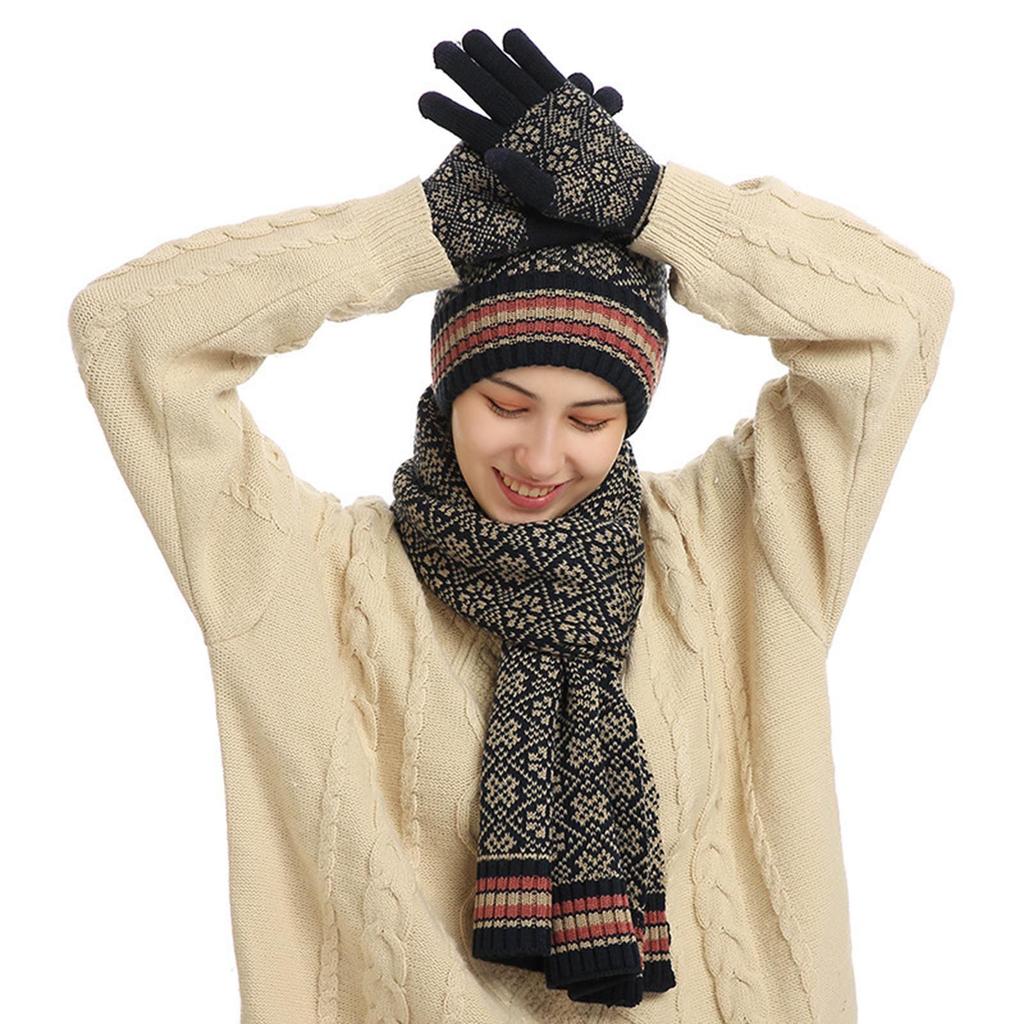 Women's And Men's Winter Fashion Warmth Cute Hat Scarf Gloves Casual Three Piece Set