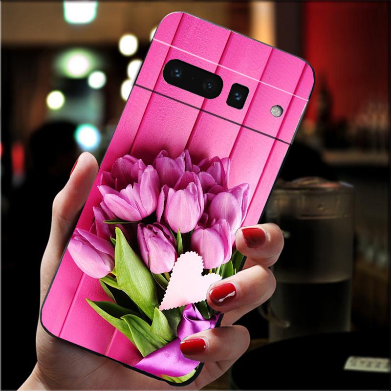 Phone Case For Google Pixel 10 9 Pro XL 9A 8 7 6 Pro Pixel 8A 7A 6A Pixel 8 7 6 5 Tulips flower Red pink purple