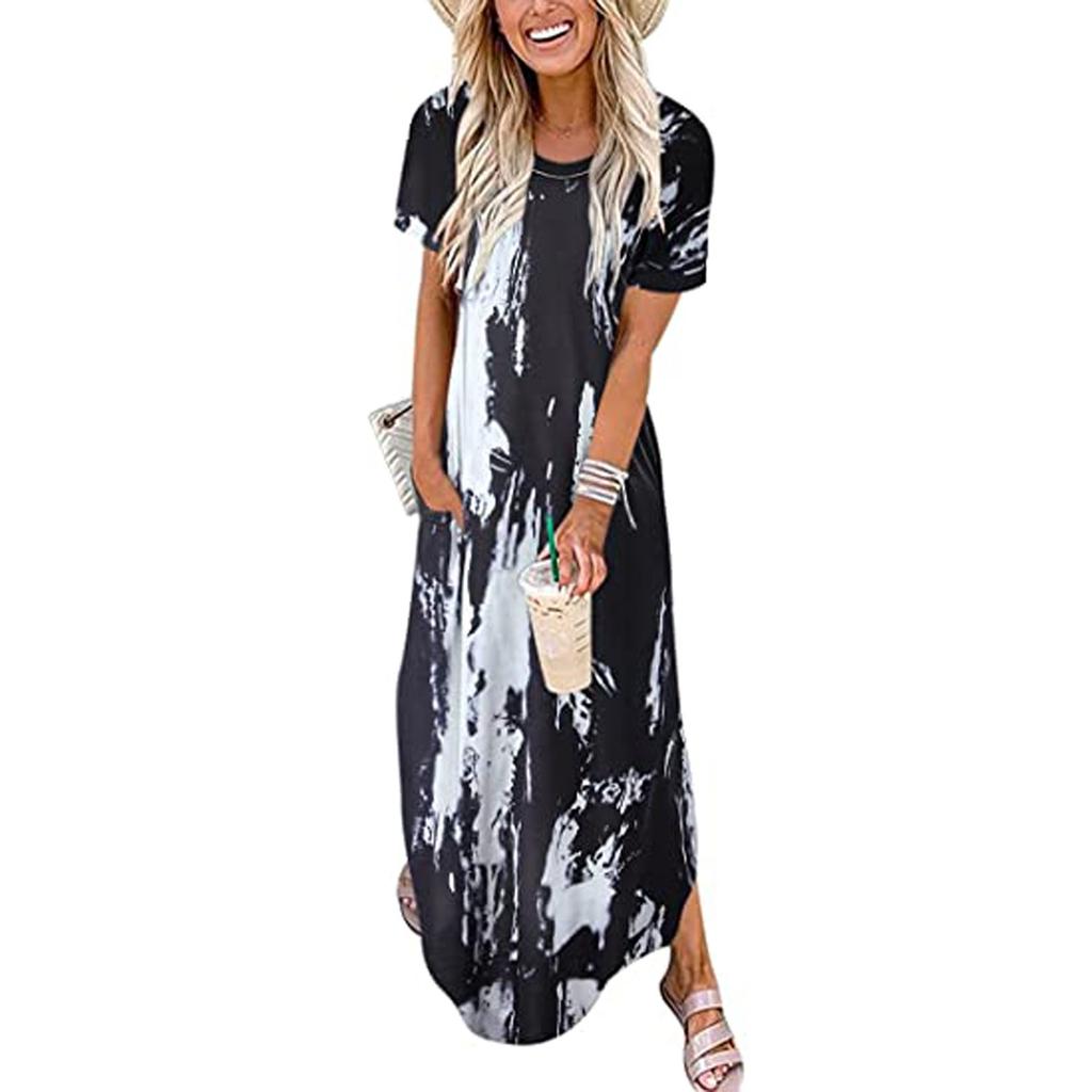Women Casual Loose Solid Color Pocket Long Dress Sleeveless Split Maxi Dresses