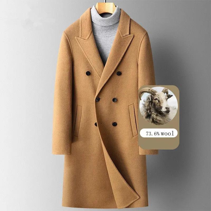 Men's Double-Sided Wool Trench, Black Woollen Outerwear, Long Overcoat, Double Breasted, Thick Black, Autumn, Winter