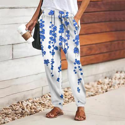 Женские брюки с цветочным принтом на шнуровке, с эластичной талией, свободные брюки, повседневные длинные брюки, брюки с карманами