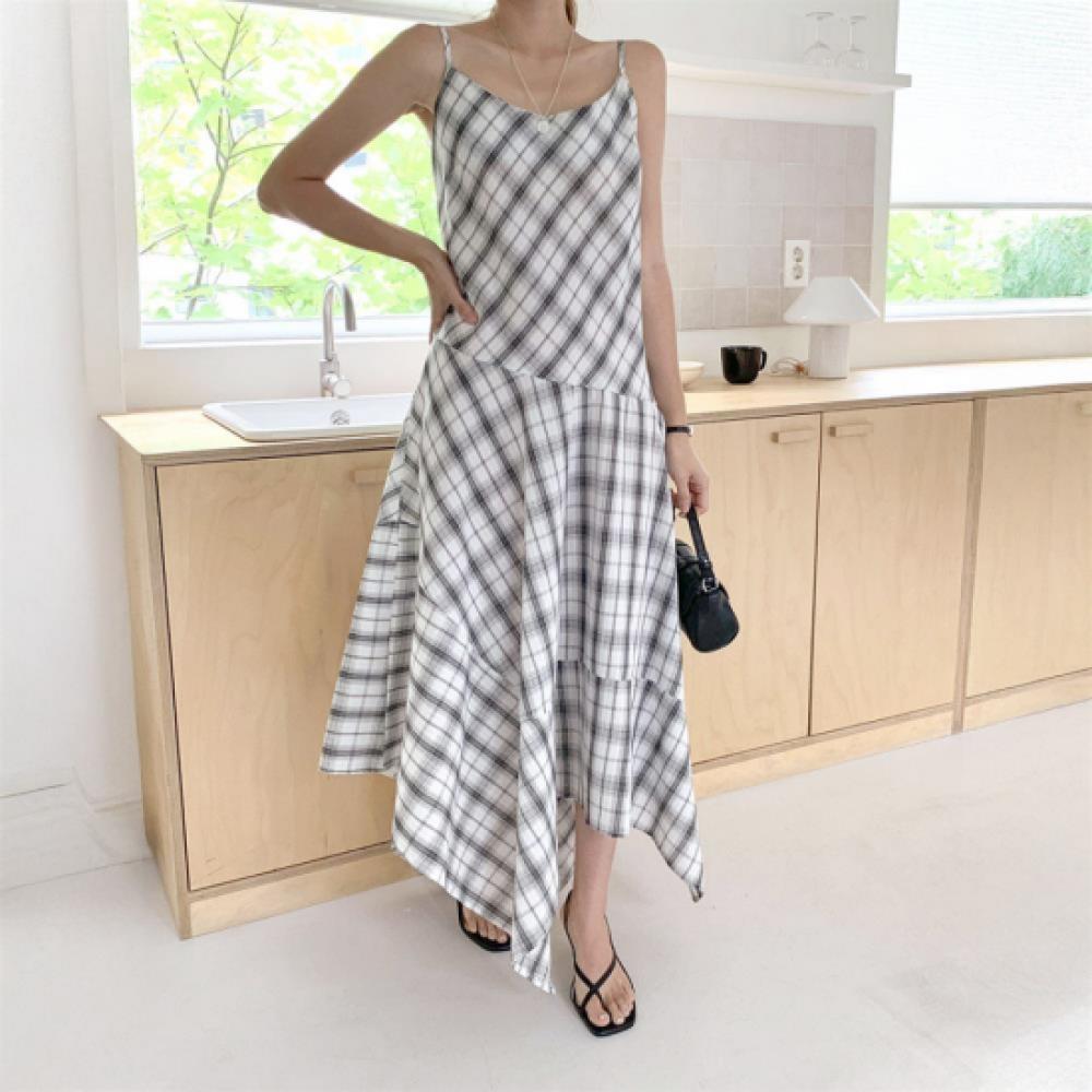 New Arrivals Open Run Women Check Pattern Unbalance Flare Long Dress Shoulder Dr
