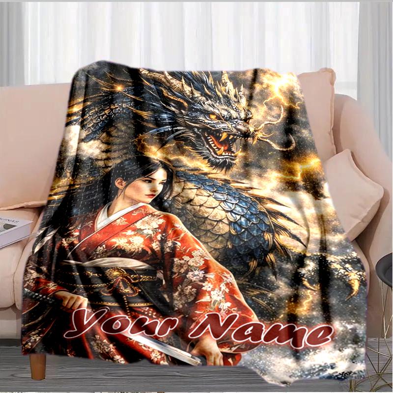 1PC Custom Name Dragon Kimono Warrior flannel blanket versatile,all-season throw suitable for the living room,bedroom,camping,travel,and gift