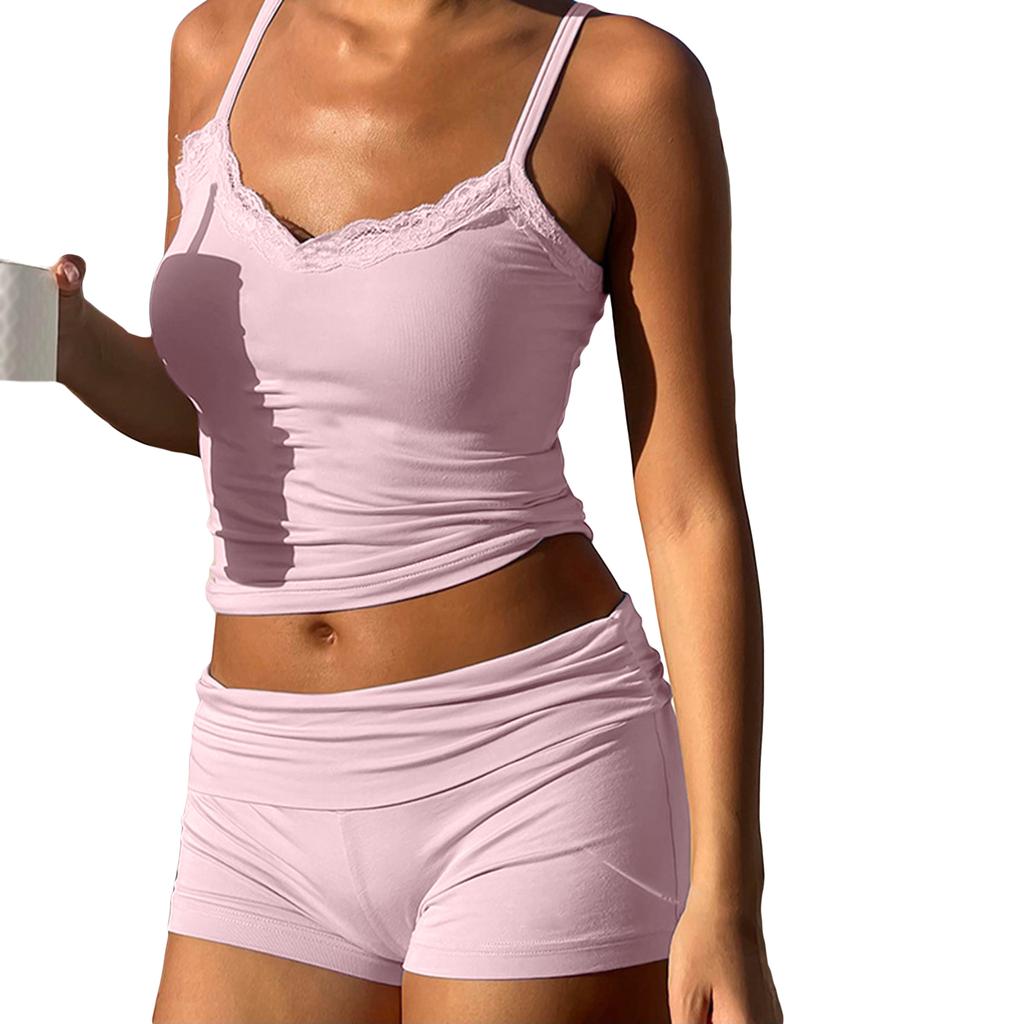 Women's Summer 2 Piece Outfits Sleeveless V Neck Lace Trim Camisole Skinny Shorts Set