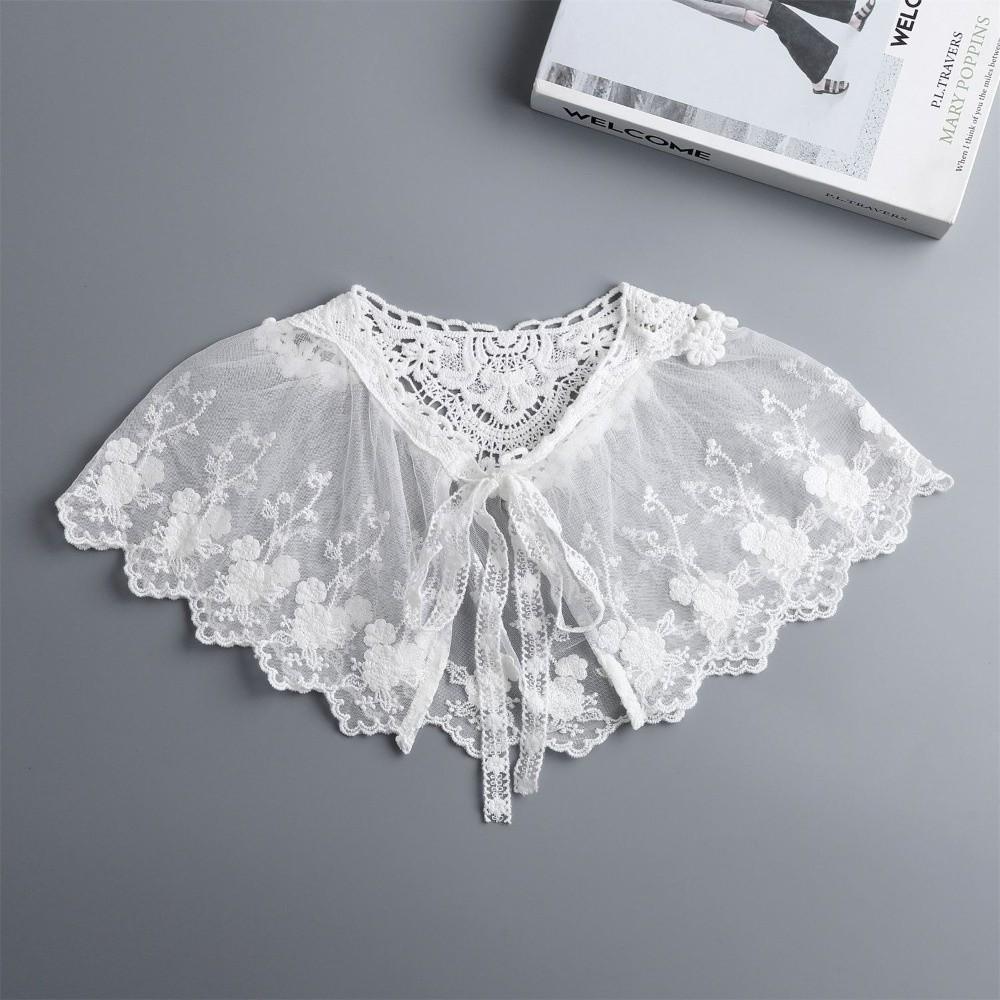 Elegant Embroidery False Collar Floral Lace Bowknot Lace-Up Scarf Detachable Chiffon Pleated Collar Women