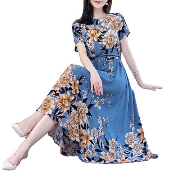 Женское платье-миди с круглым вырезом и короткими рукавами, высокой талией и поясом с цветочным принтом, женское платье трапециевидной формы среднего возраста, уличная одежда