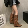 Fashion Retro Western Cowboy High Tube Boots Women's Pointed Toe Knight Long Boots Fashionable Streetwear Autumn Winter Long Botas Shoes