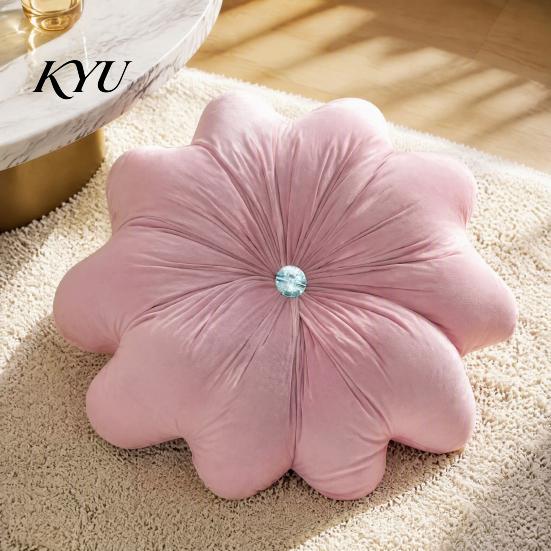 Round Decorative Pillows for Bed Flower Throw Pillow, 18 Inch Floral Cushion, Velvet Accent Home Decor Pillow with Rhinestone Sofa Couch Chair
