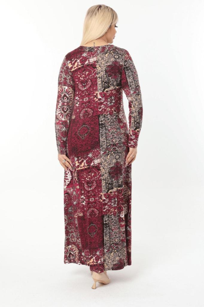 Женское платье большого размера, бордовое длинное платье с этническим рисунком