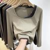 Niche Western Contrasting Color Fake Two-piece Square Neck Long-sleeved Bottoming Shirt T-shirt for Women European Slim Short Autumn and Winter Top