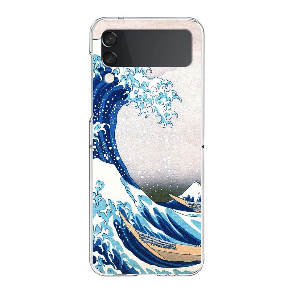 Чехол для телефона Samsung Z Flip 3 4 5-складной жесткий чехол из ПК для Galaxy Z Flip 3 5 прозрачный чехол Япония Великая волна Канагавы