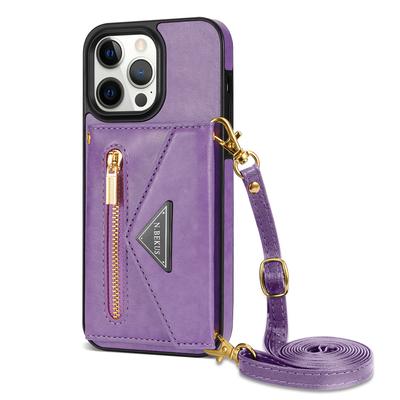 N.BEKUS Кожаный чехол-кошелек на молнии для iPhone 16 Pro Max с держателем для карт и ремешком через плечо