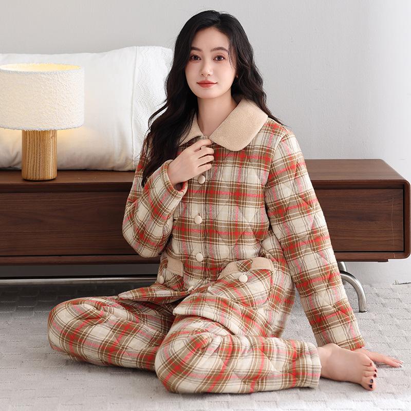 Пижама женская зимняя тканая из чистого хлопка с подкладкой большого размера зимний трехслойный утолщенный бархатный клетчатый комплект для дома