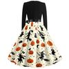 Women's Casual Vintage V Neck Dress Halloween Printed Long Sleeve Retro Style Pumpkin Bat Pattern Full Skirt Dress with Waist Tie
