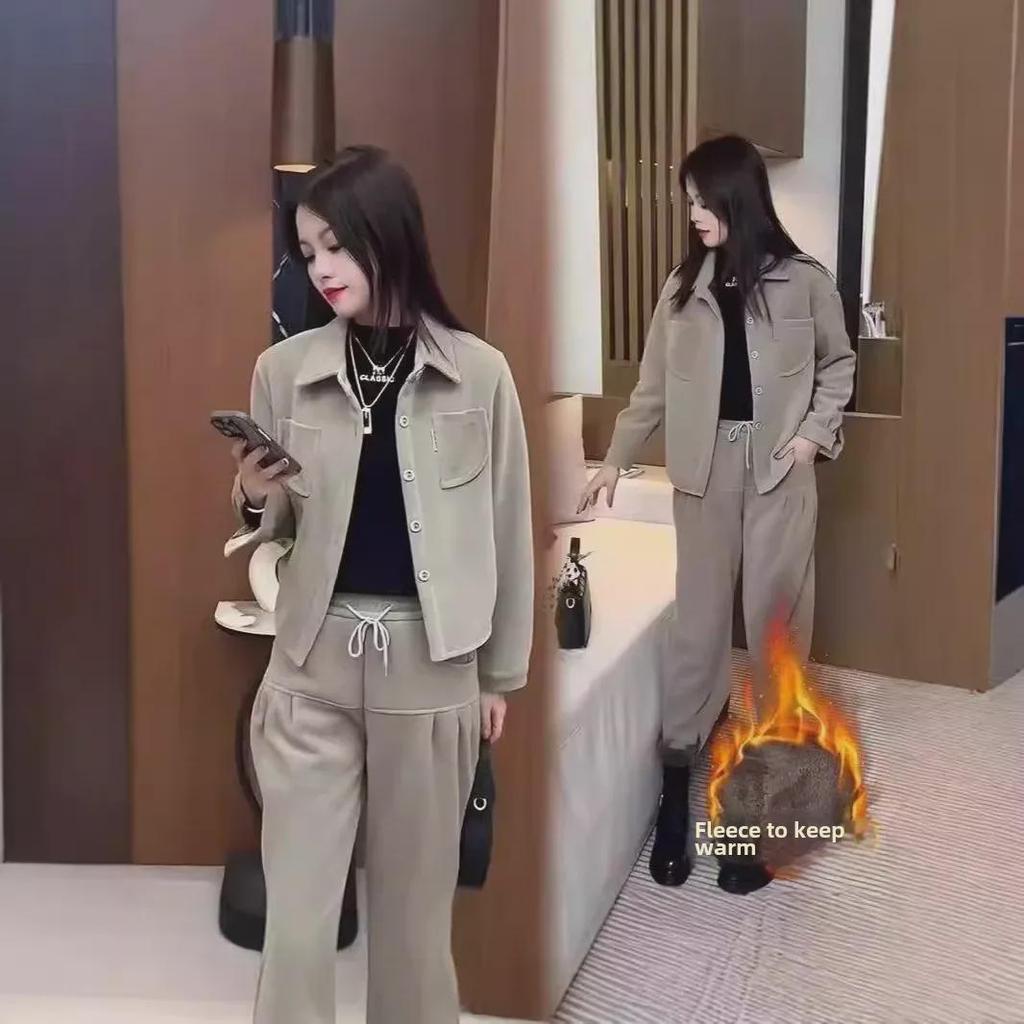 Women's Plush Thickened Casual Two-Piece Suit - Slim, Loose, Meat-Covering Fashion for Autumn & Winter 2024
