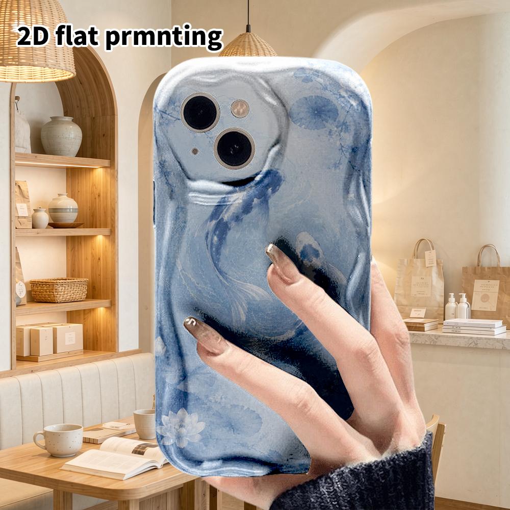 Phone Case: 2D flat design suitable for iPhone 18 17 16 15 14 13 Pro, couple style, blue and white koi, Christmas and Halloween gifts