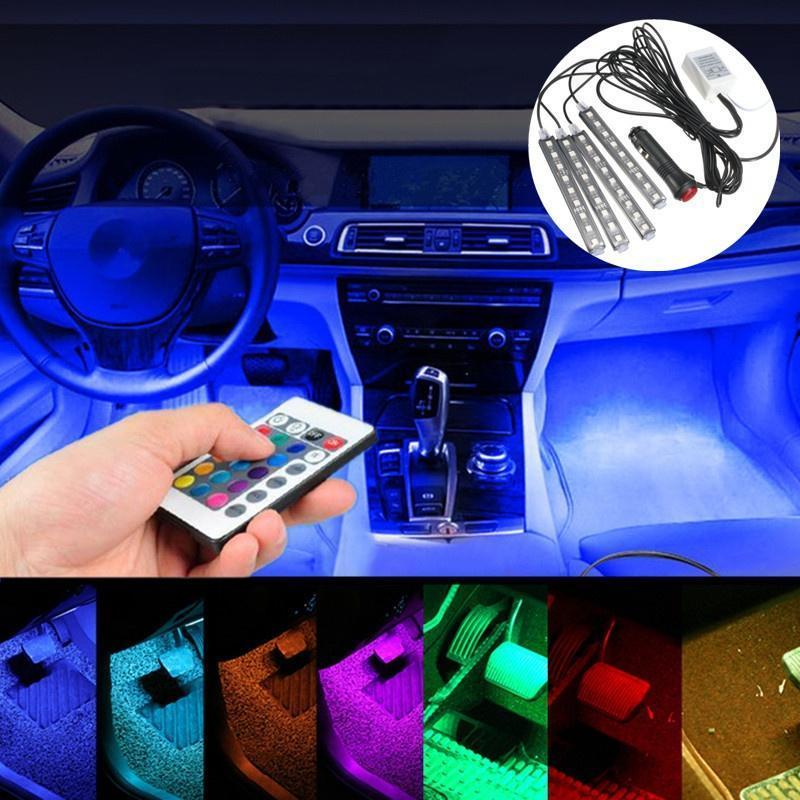 4pcs Car RGB LED Strip Light LED Strip Lights Colors Car Styling Decorative Atmosphere Lamps Car Interior Light With Remote 12V