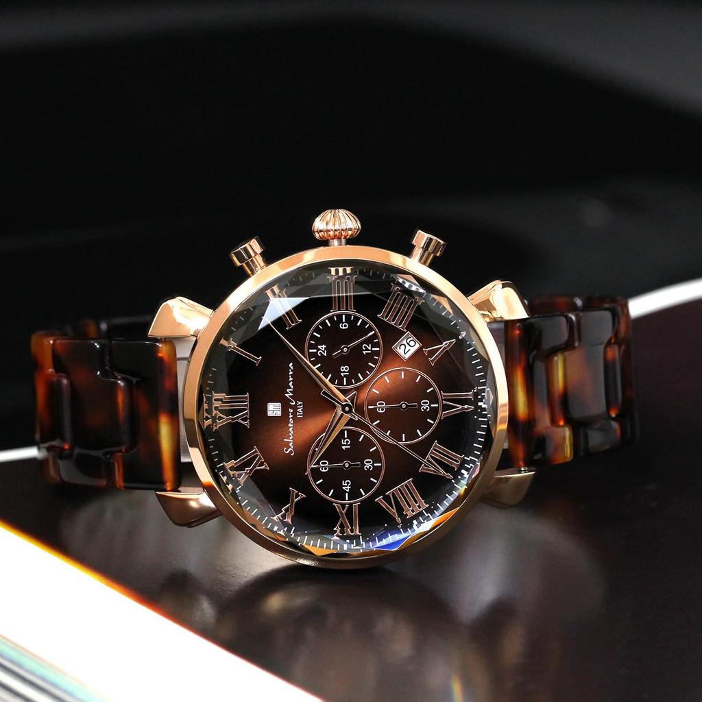Salvatore Marra Men's Brown Watch, SM19104A-PGBR, Faceted Glass Chronograph with Acetate Strap and Gradient Design