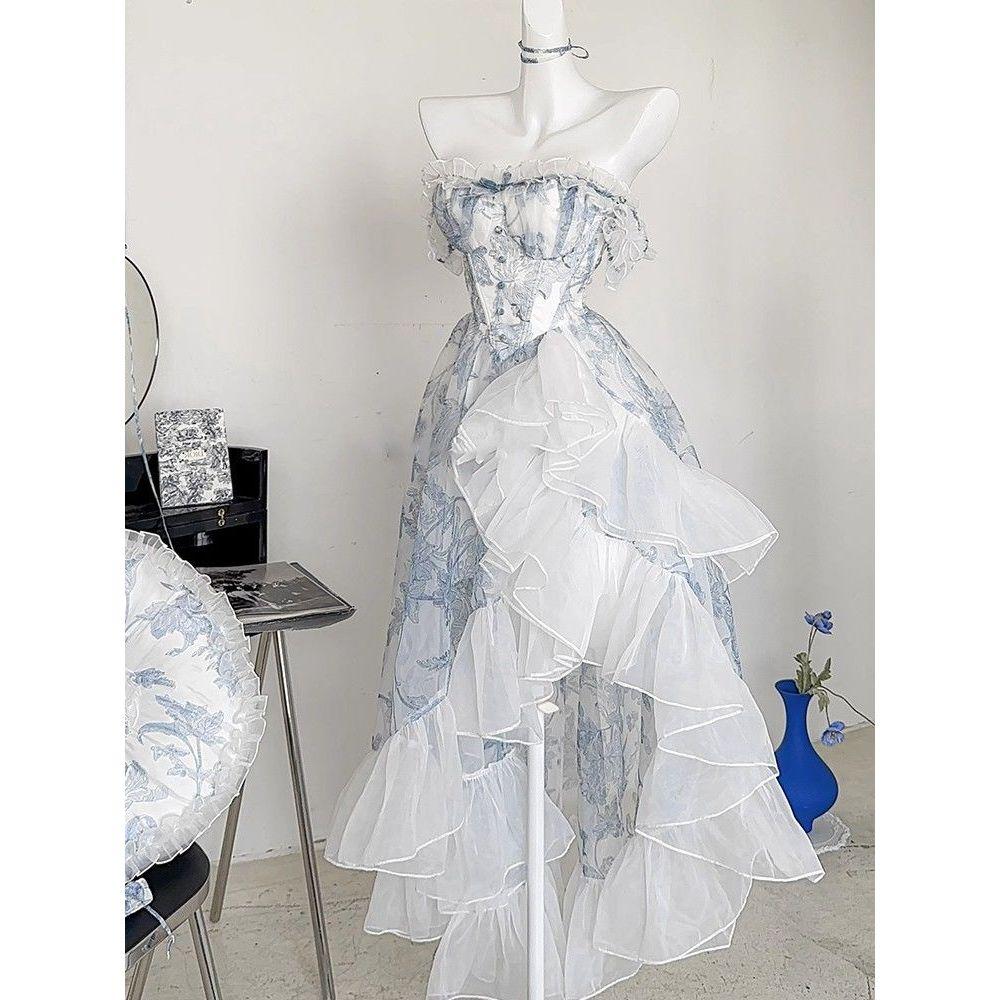 Синее платье-труба с цветочным принтом для женщин, летнее винтажное длинное платье принцессы