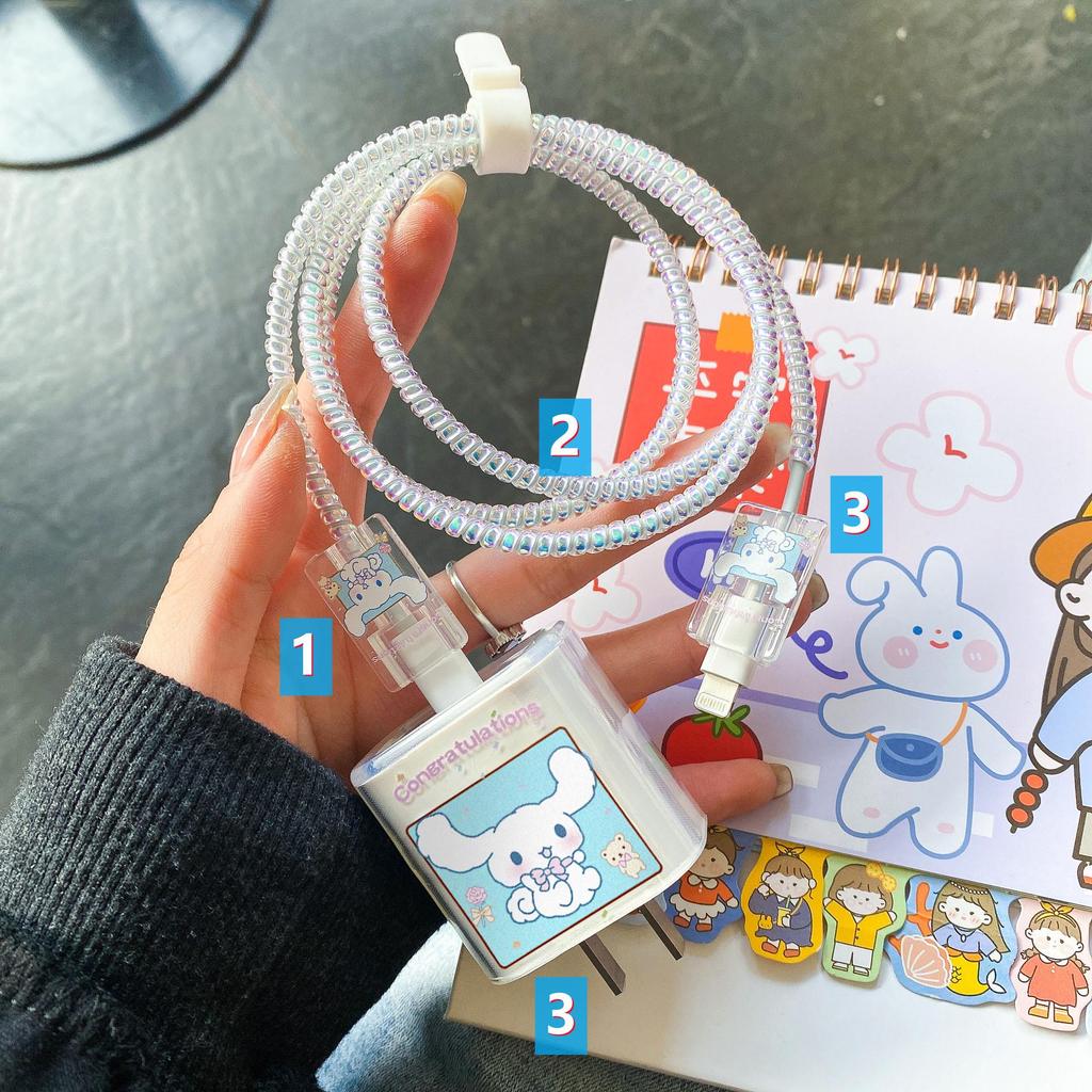 Комплект защиты кабеля данных Apple: Зарядная головка 20 Вт, прозрачный мультяшный дизайн, набор из 4 предметов